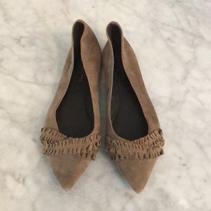 Elizabeth and James Taupe Suede Ruffle Flats.